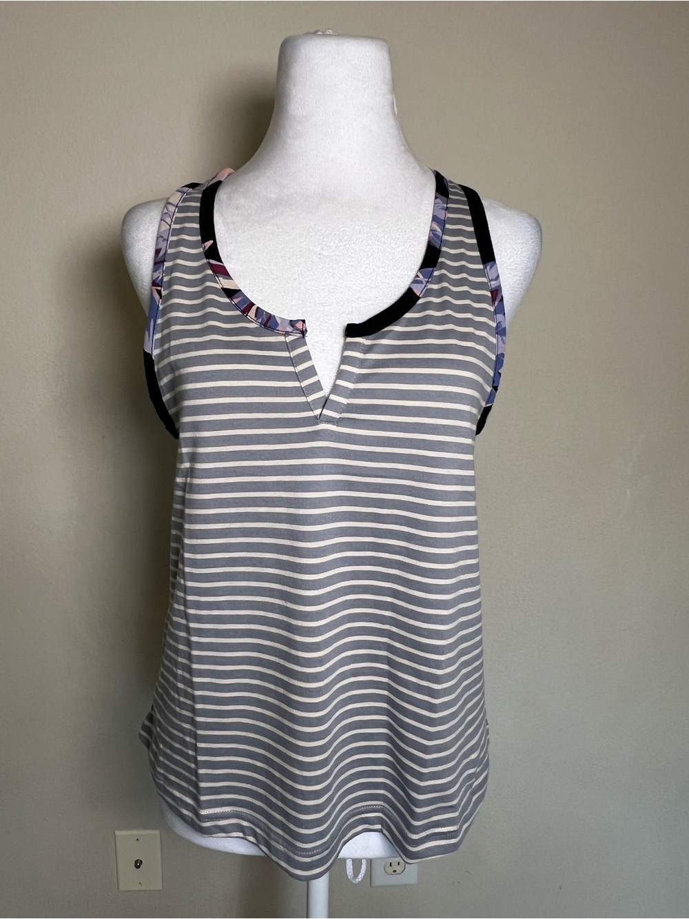 Pact Gray White Striped Organic Cotton Split Neck Sleeveless Tank Top Women S